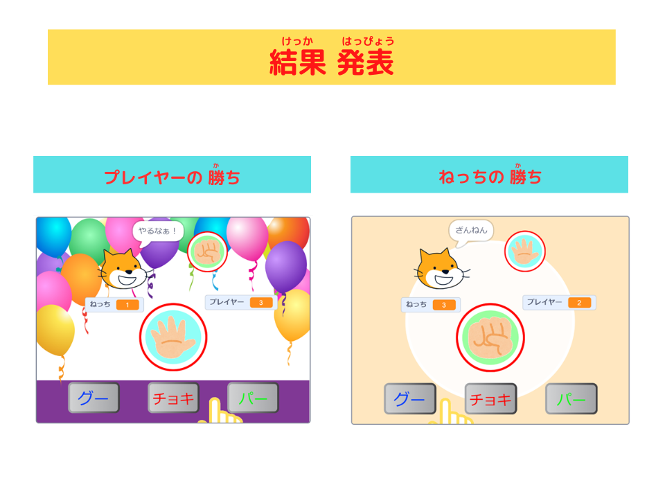 「スクラッチしよう！9-03 ステップアップドリル：ねっちジャンケン！」scratch　結果発表